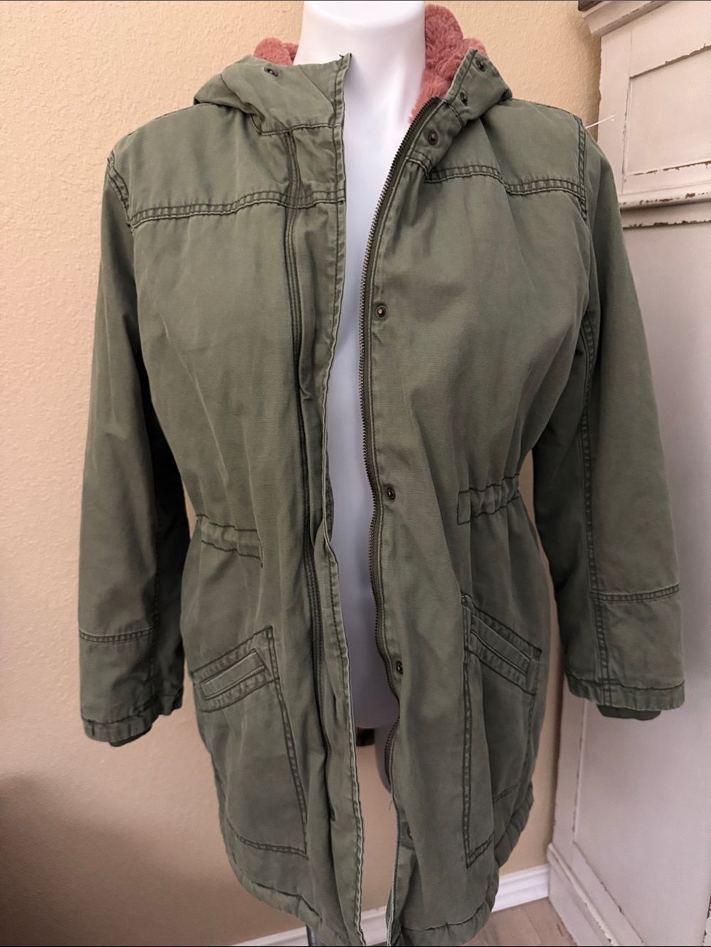 Old Navy Olive Green Hooded Utility Jacket with Pink Faux Fur Lining